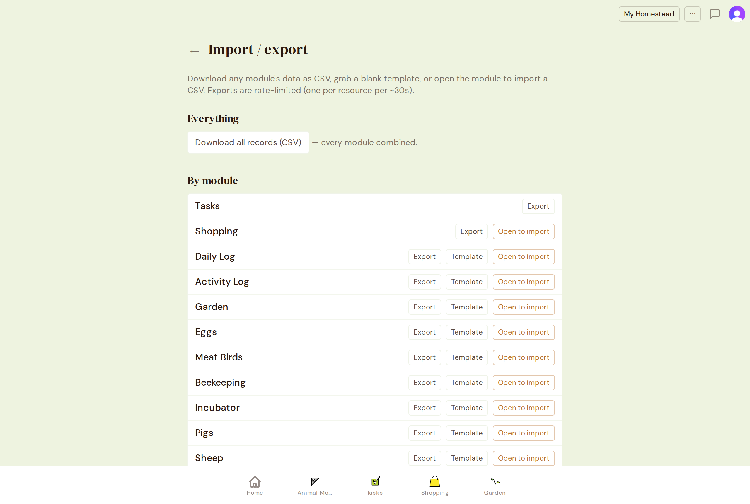 Import and export — every module as CSV, with blank templates