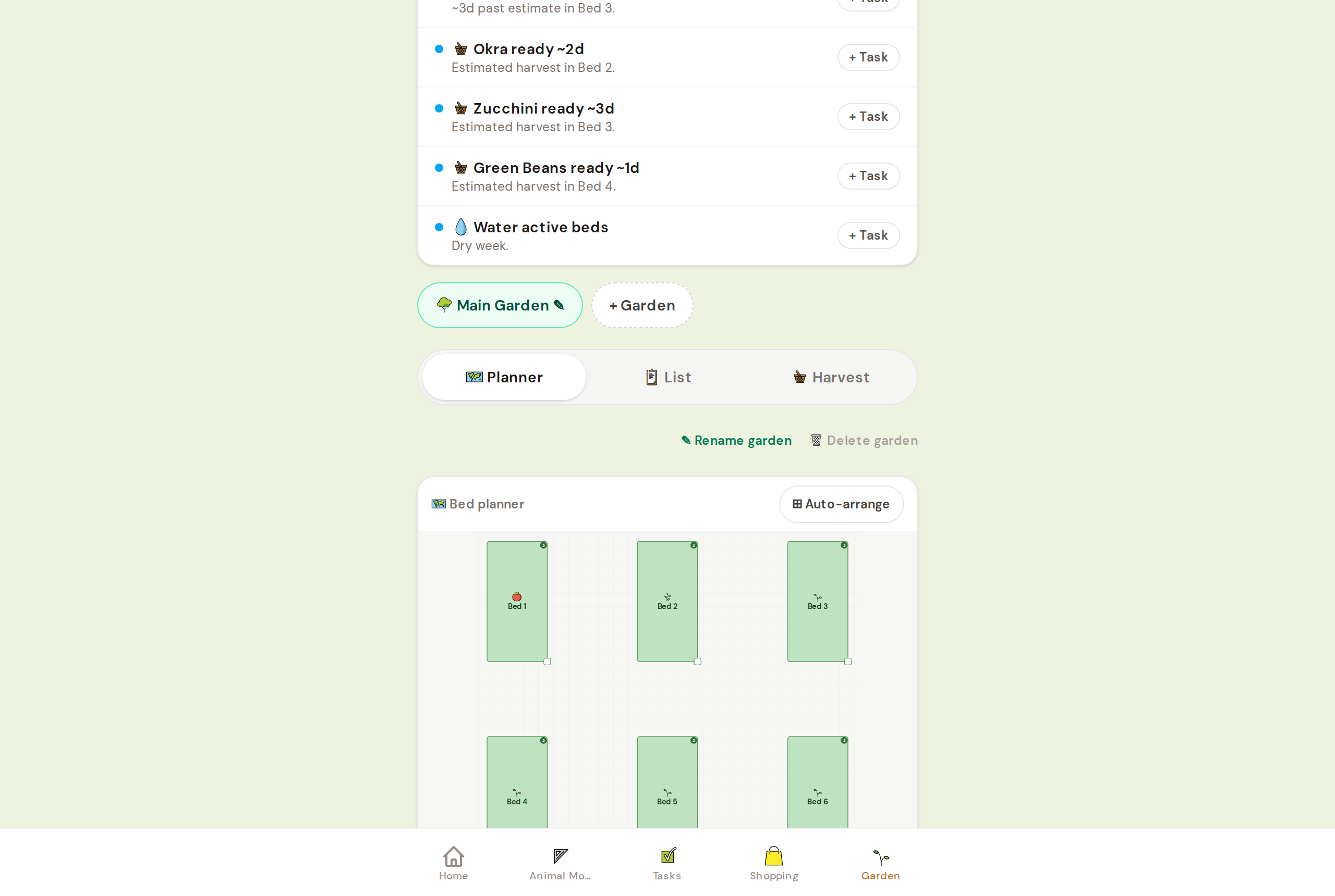 Visual garden bed planner with plantings from seed to harvest