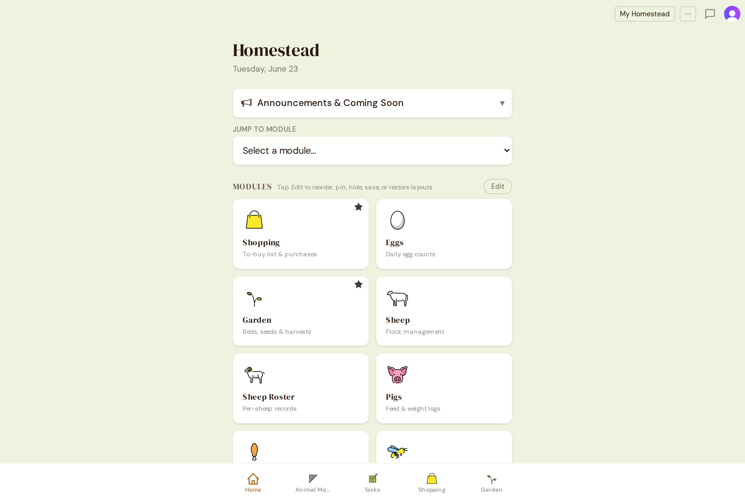 The Homestead app home screen — a grid of farm modules